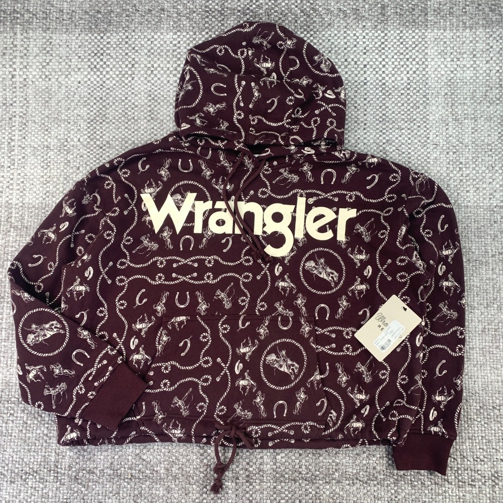 Wrangler Retro Hoodie Women Large Burgundy Western Rope Punchy Cinched Top